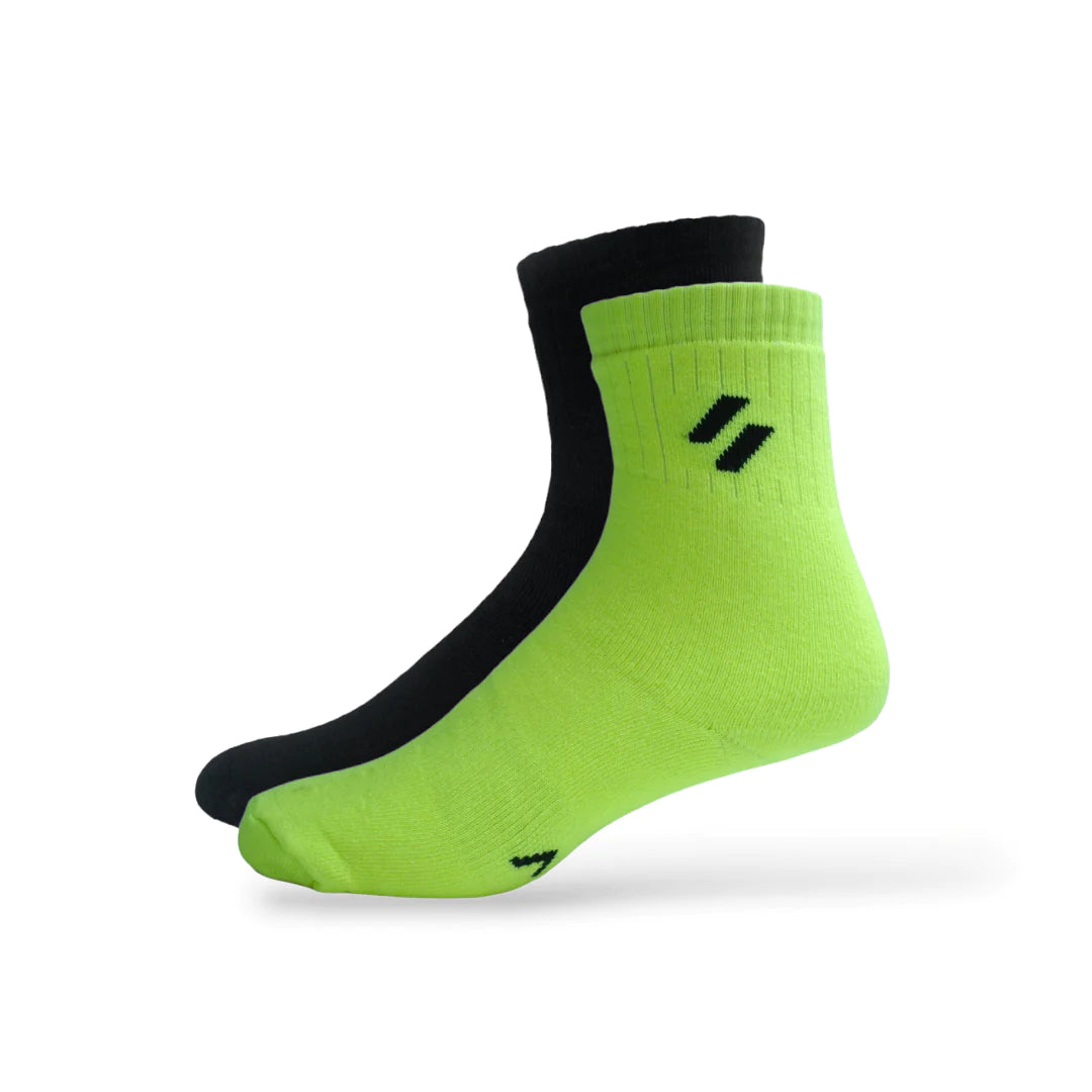 Neon Green and black Pack of 2 unisex sports socks – performance crew design for cricket, running, and court-based games