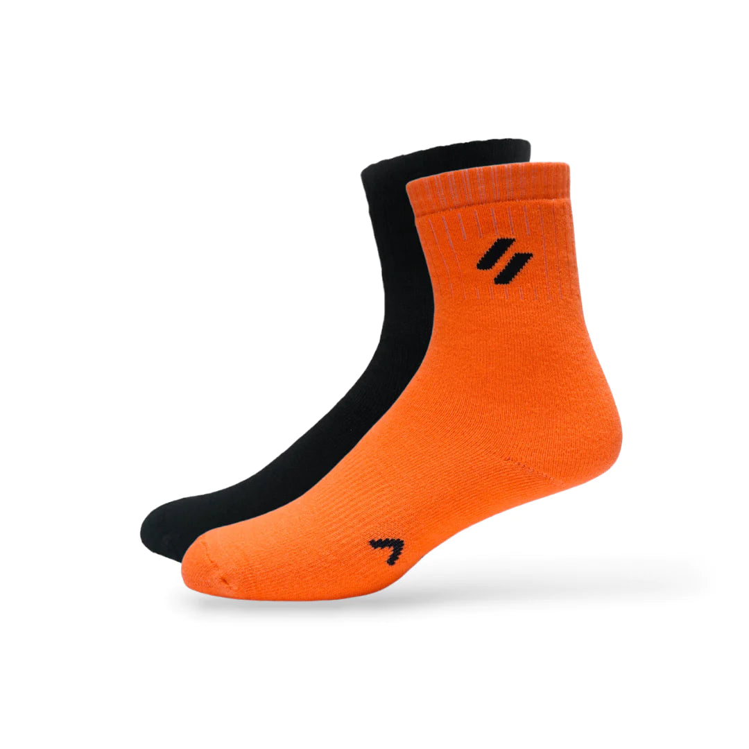 Neon Orange and black ATHL 2-pair socks – compression band and padded sole for serious training in any sport