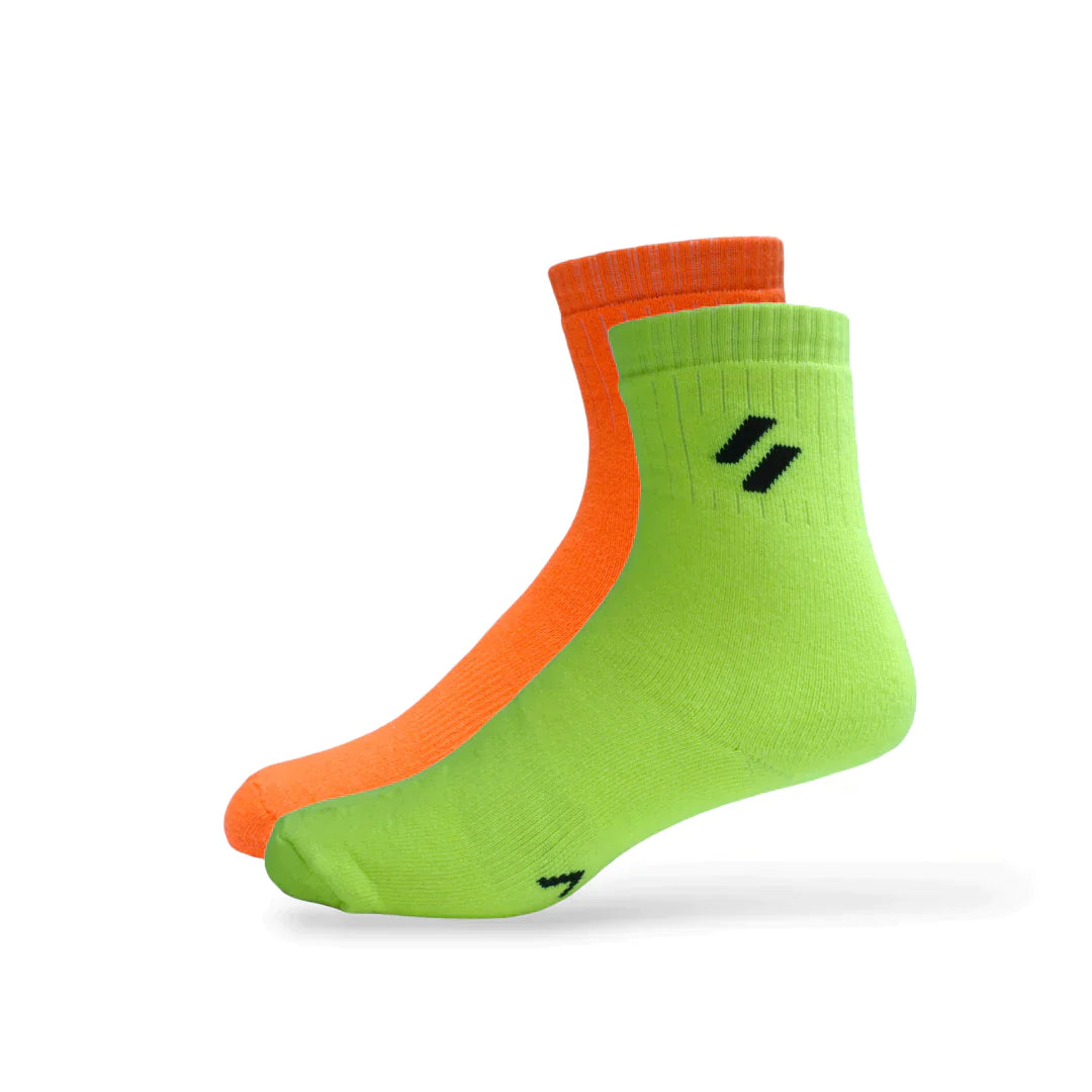 Neon green and Neon orange Crew-length socks for women – set of 2 – tested in basketball, cricket, and cross-training scenarios