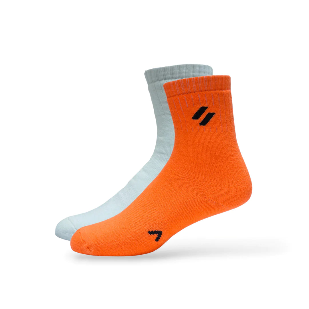 Neon Orange and white Crew-length socks for women – set of 2 – tested in basketball, cricket, and cross-training scenarios