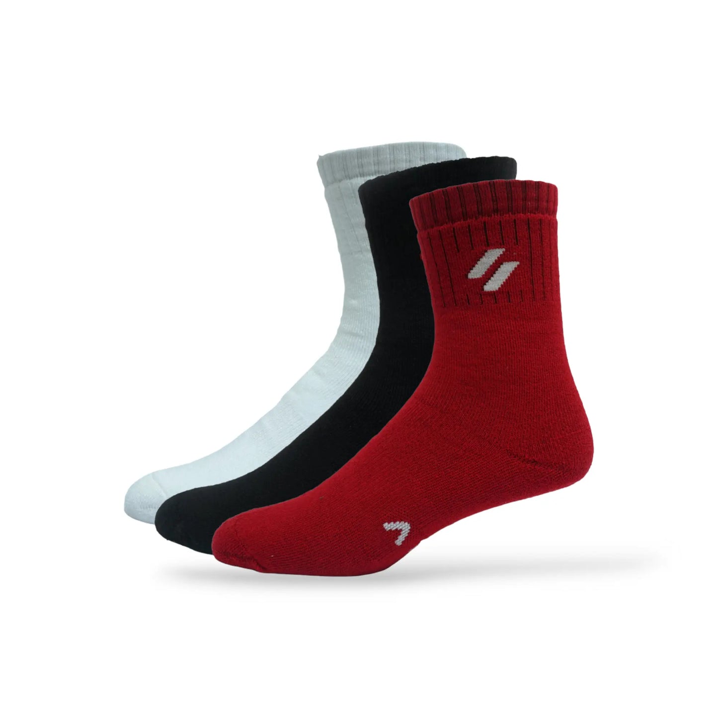 Side angle of 3-pair crew sports socks – cushioned sole and moisture-wicking cotton fabric - Red black and white