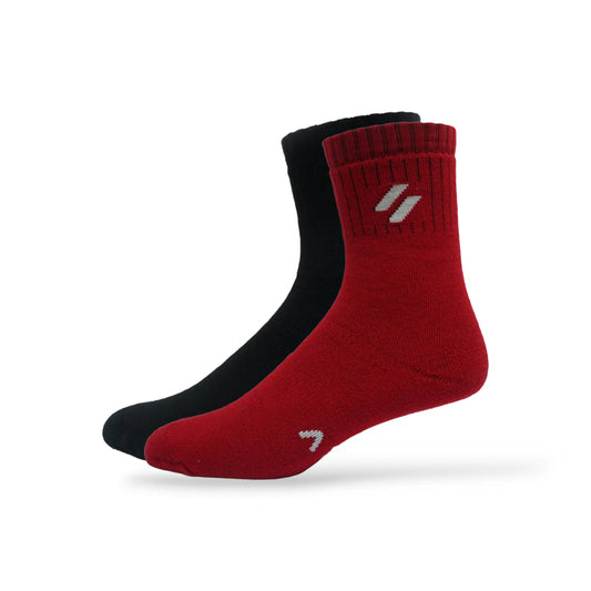 Red Side view of women’s crew-length sports socks – pack of 2 – showing arch support and breathable mesh panel