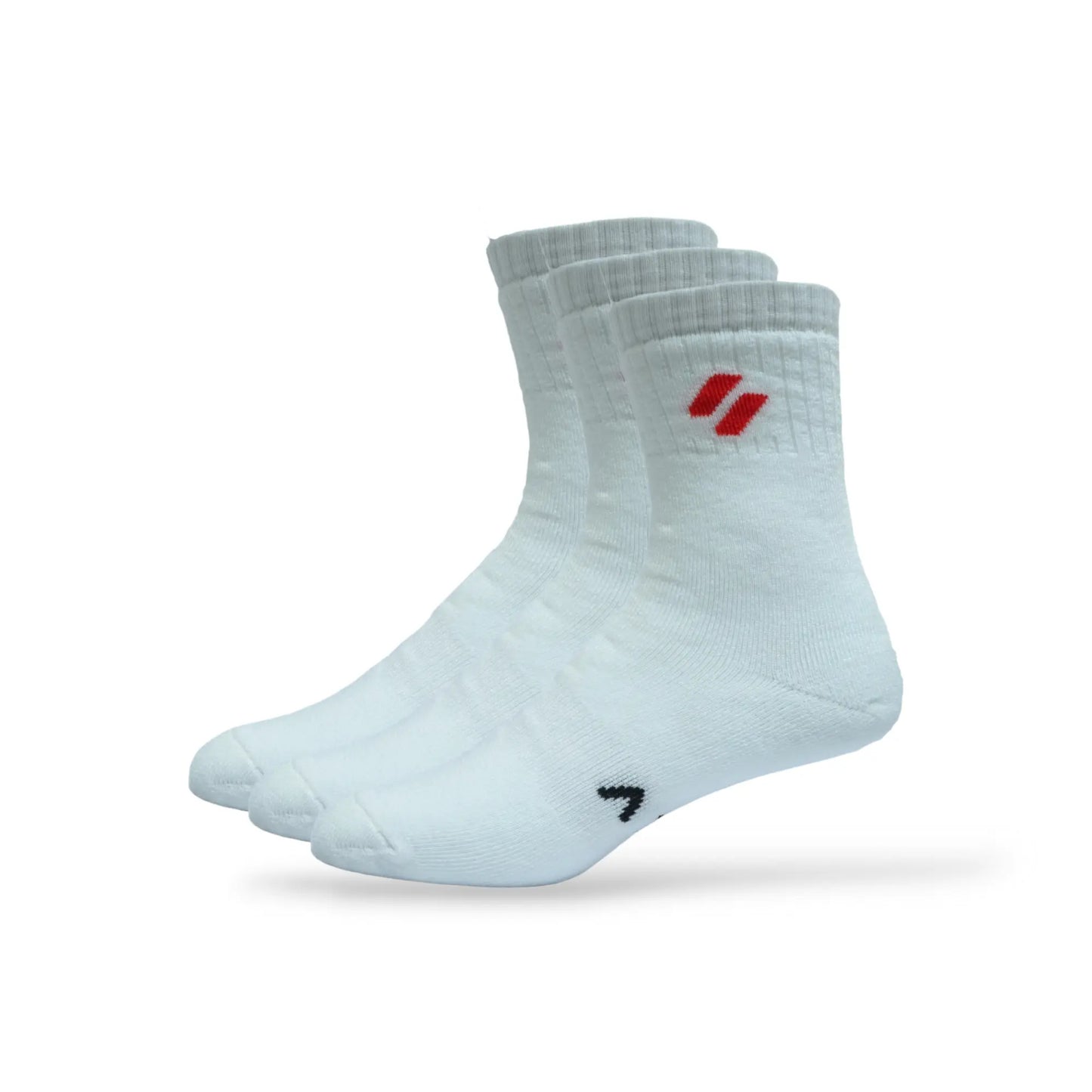 Side angle of 3-pair crew sports socks – cushioned sole and moisture-wicking cotton fabric -  white