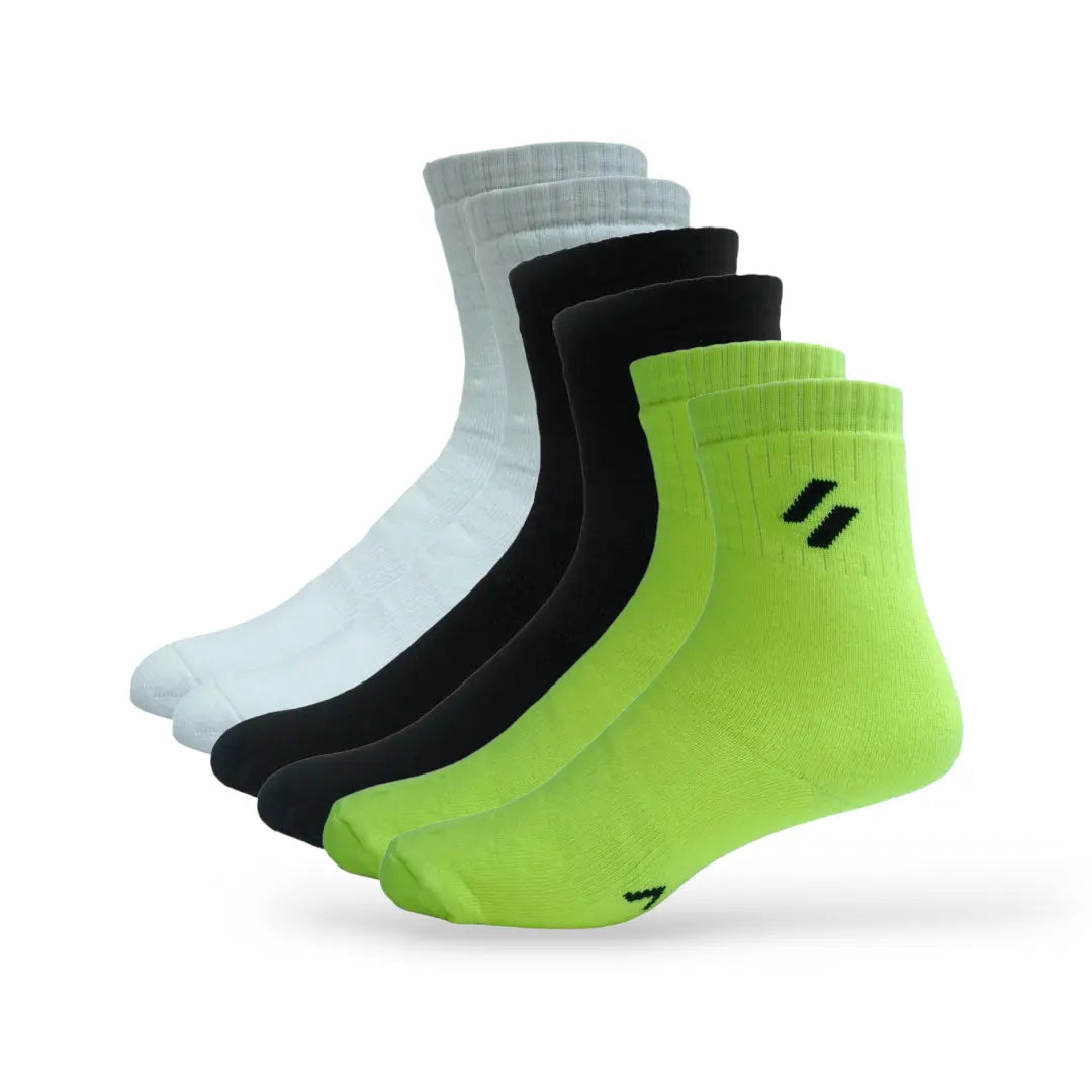 ATHL black white and neon greeen pack of 6 sports socks – cushioned, crew-length multi-sport socks for cricket