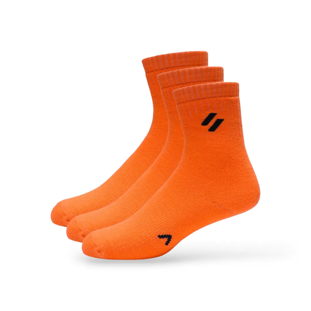 Side angle of 3-pair crew sports socks – cushioned sole and moisture-wicking cotton fabric - neon orange for multi sports