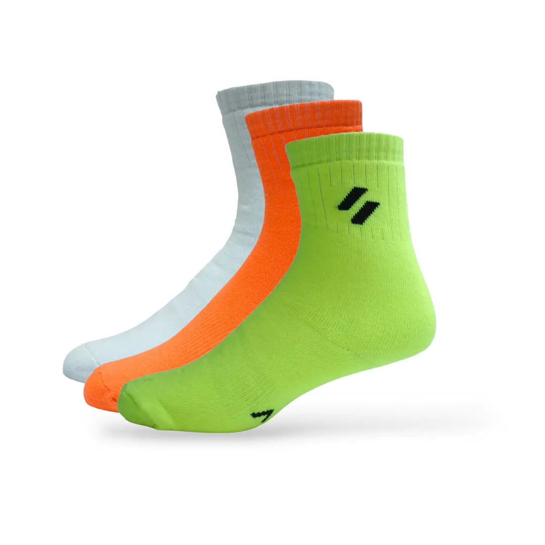 Side view of crew-length training socks – cushioned heel and anti-slip design pack of 2 for men and women sport sock - neon green, nen orange and white