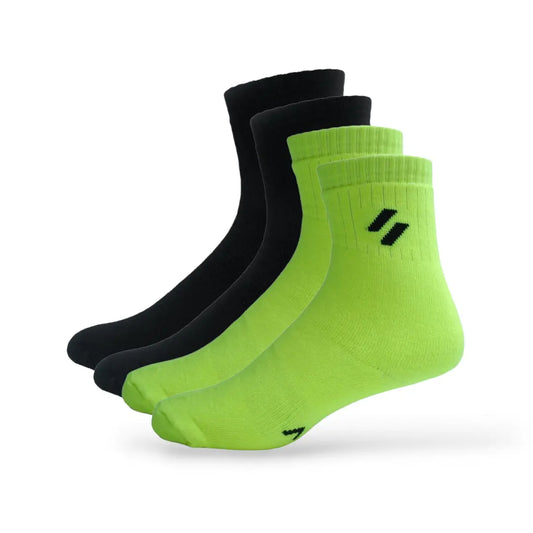 A pack of four women's sports performance socks in green and black colors, featuring a high waist and designed for athletic activities.