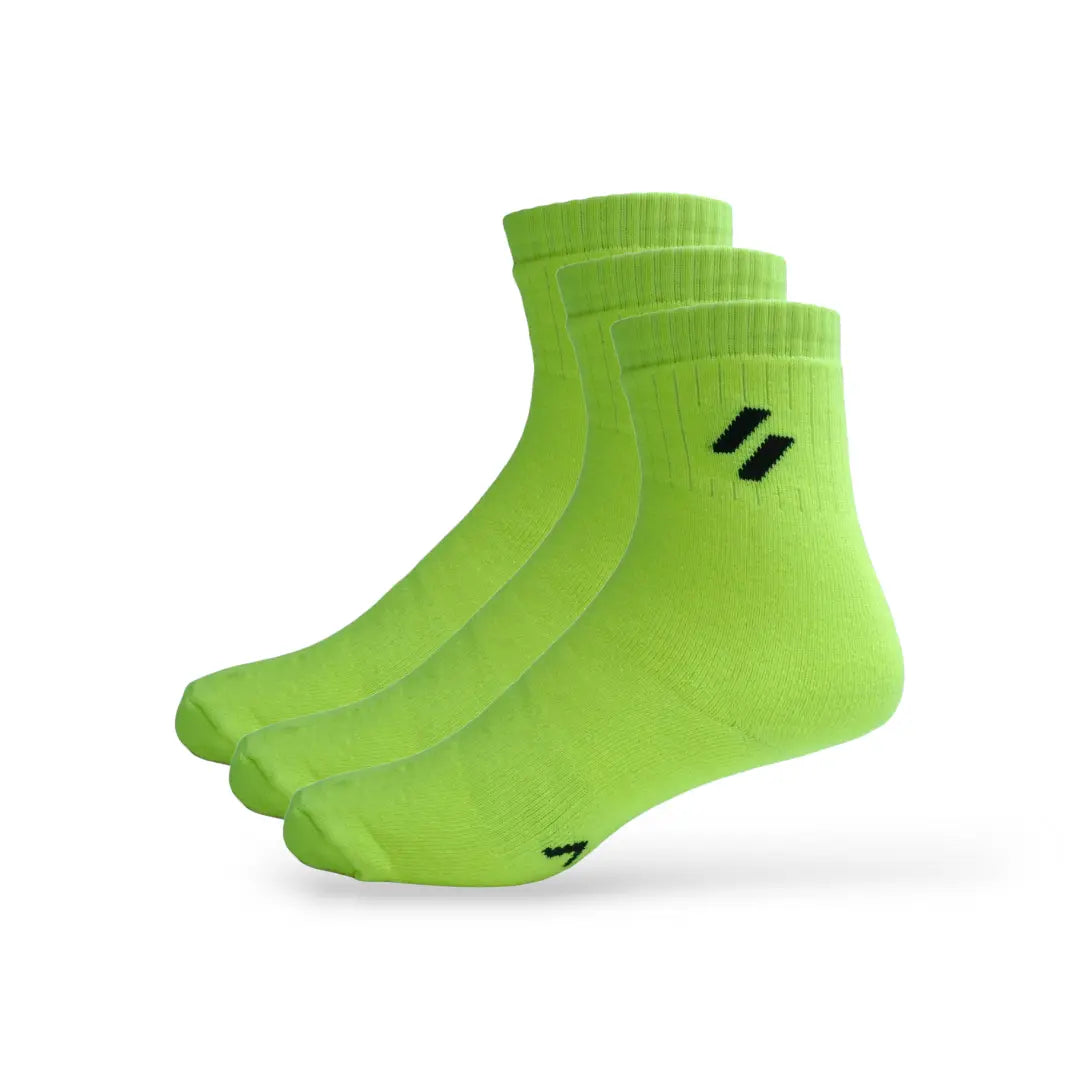 Crew sports socks bundle – flat lay showing ribbed cuff, anti-bacterial finish, and arch band - neon green pack of 3