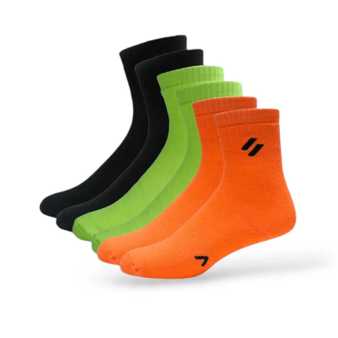Pack of 6 black neon green and orange Women’s gym socks – crew fit for performance