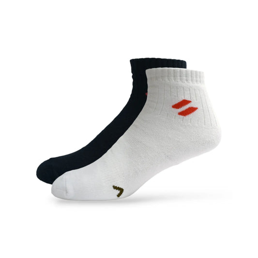Two pairs of ankle-length sports performance socks, one pair white and one pair black, with a visible red stripe design on the white pair.