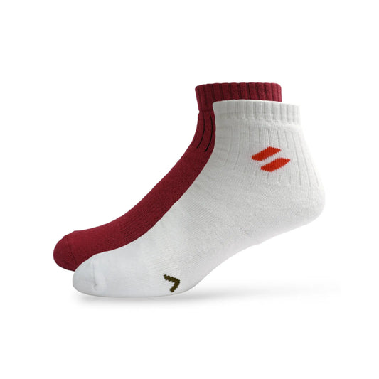 A pair of red and white sports performance socks with logo on the side, designed for ankle length.