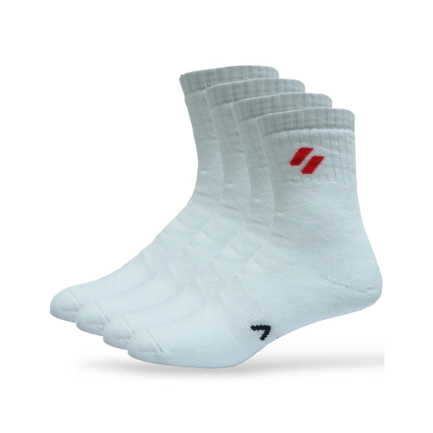 A pair of white sports performance socks with a small red and white logo on the ankle area.