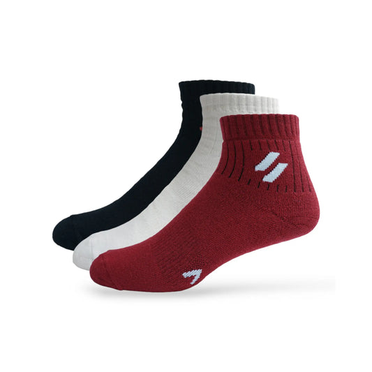 A pair of sports performance socks with cushioning and an elasticated cuff, featuring a red color with white ankle bands and a contrasting white heel design.