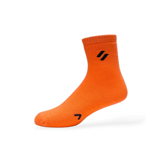 A pair of women's sports performance socks in orange, with a visible logo on the side.