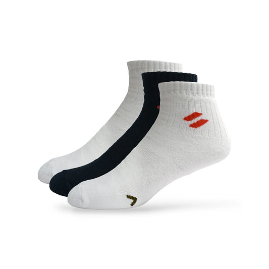 A pair of white sports performance socks with cushioning and a black logo on the side, designed for ankle length.