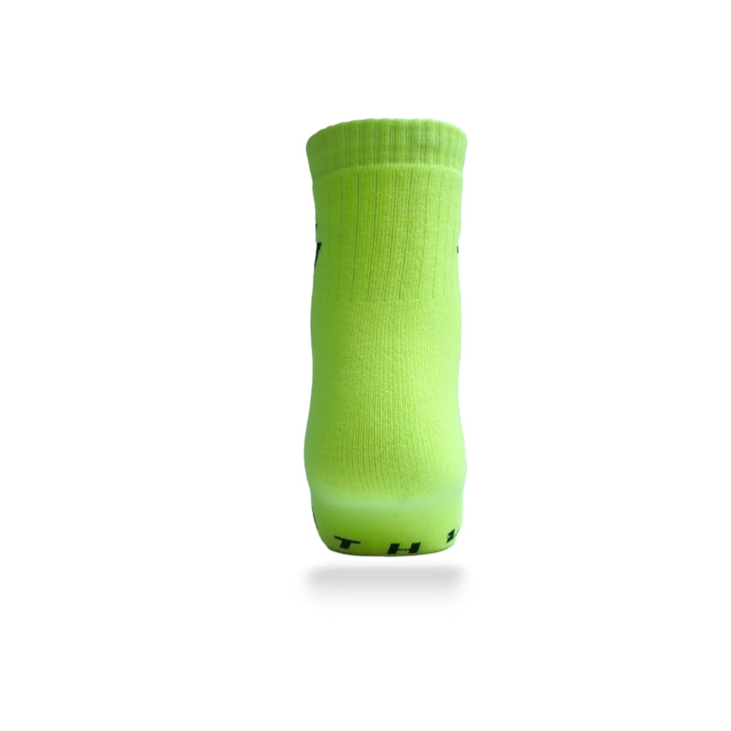 Back view of ATHL neon sports socks showing heel cushioning and ribbed ankle