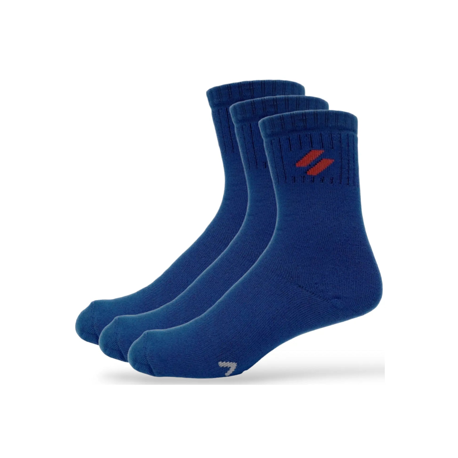 A pack of three blue sports performance socks with a red logo on the cuff.