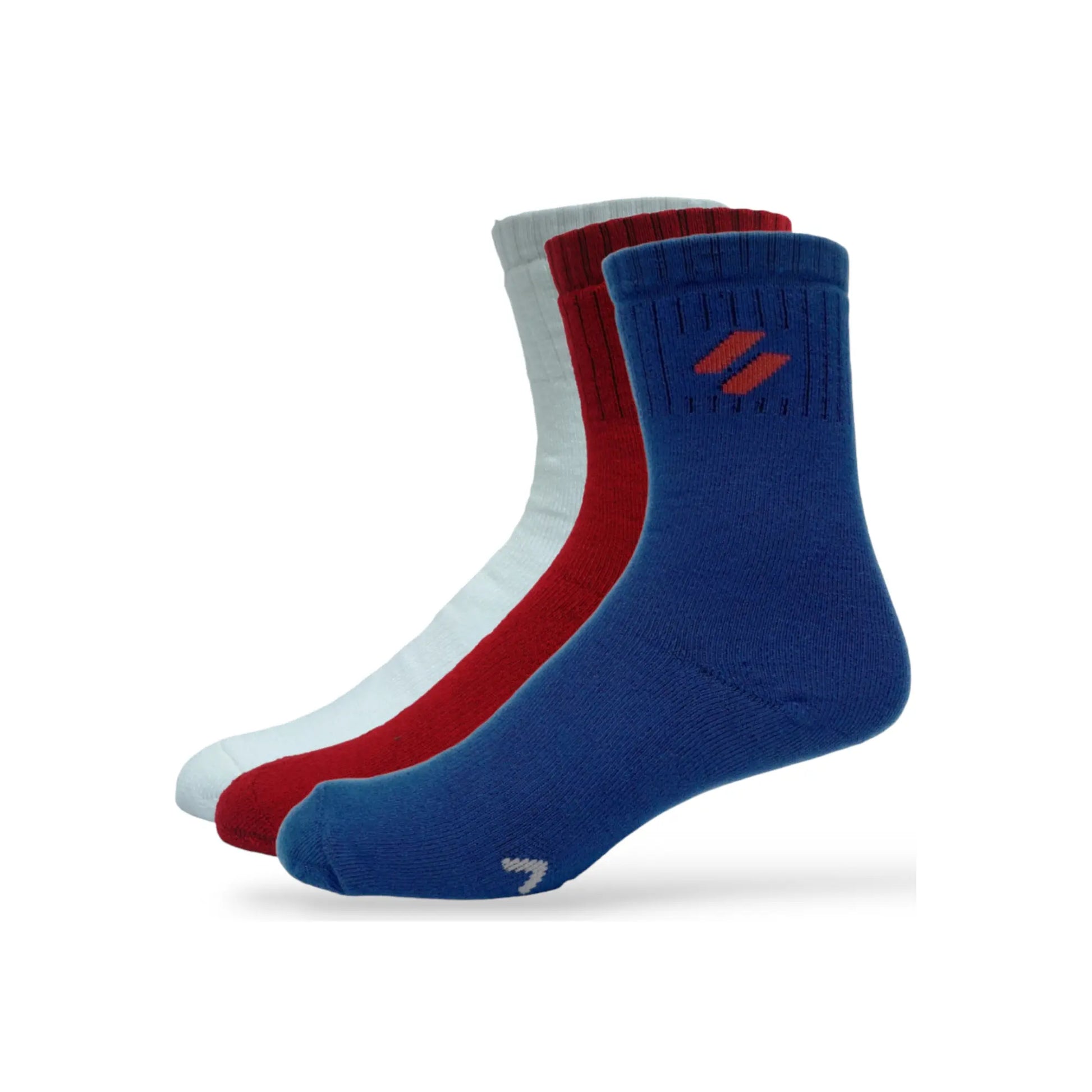 ATHL crew socks in a set of 3 –blue, red and white view featuring reinforced heel and snug ankle grip