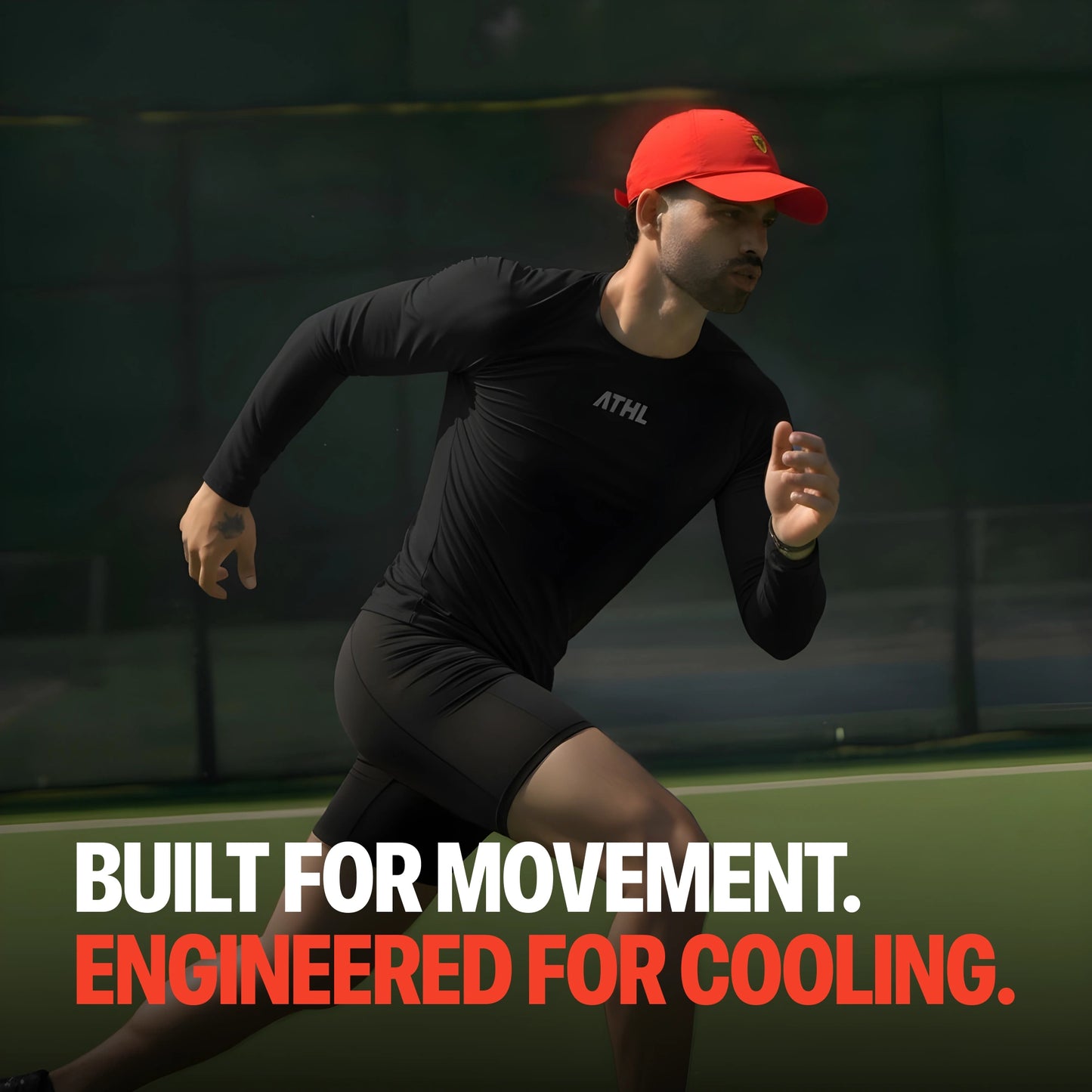 Person running on a track with text 'Built for movement. Engineered for cooling.'