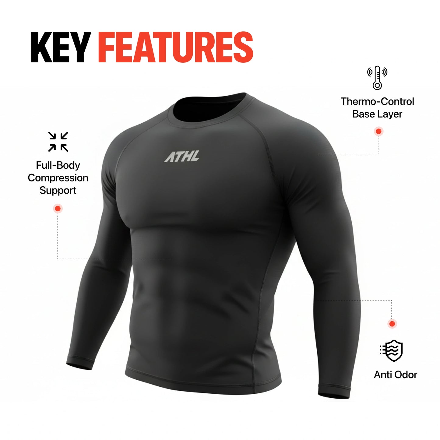 Black long-sleeve athletic shirt with key features highlighted on a white background