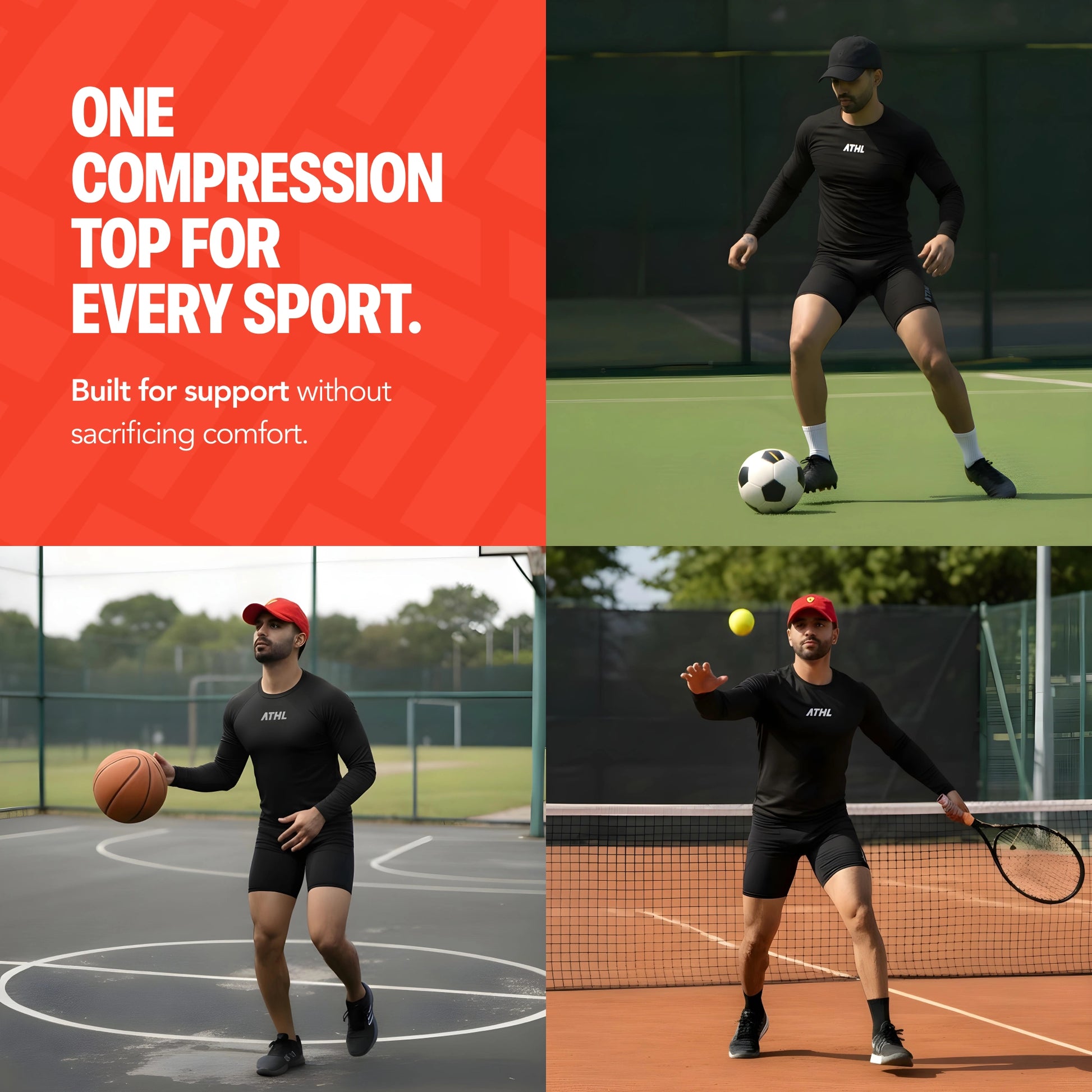 Person wearing a compression top playing various sports on different courts.