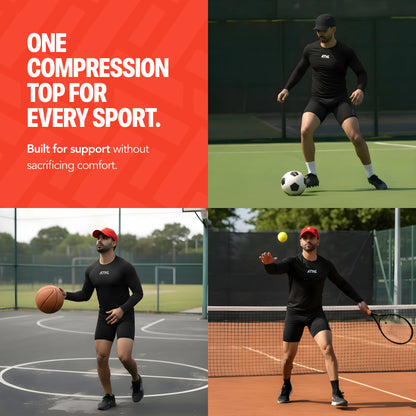 Person wearing a compression top playing various sports on different courts.