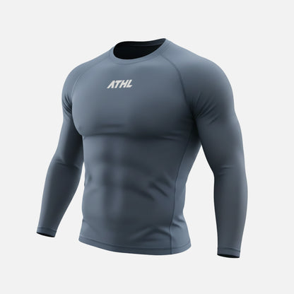 Gray athletic long-sleeve shirt with 'ATHL' logo on a light gray background