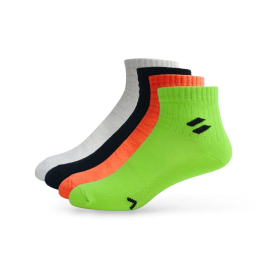 Four pairs of colorful sports socks stacked on a white background