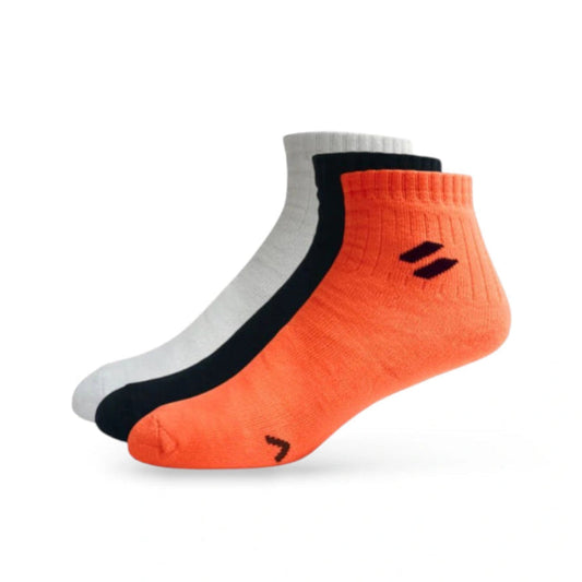 Two pairs of socks, one orange and one gray, with black accents on a white background.